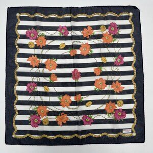 KKUSEBO Paris 100% Silk Scarf Blue Floral Pattern Striped Chiffon